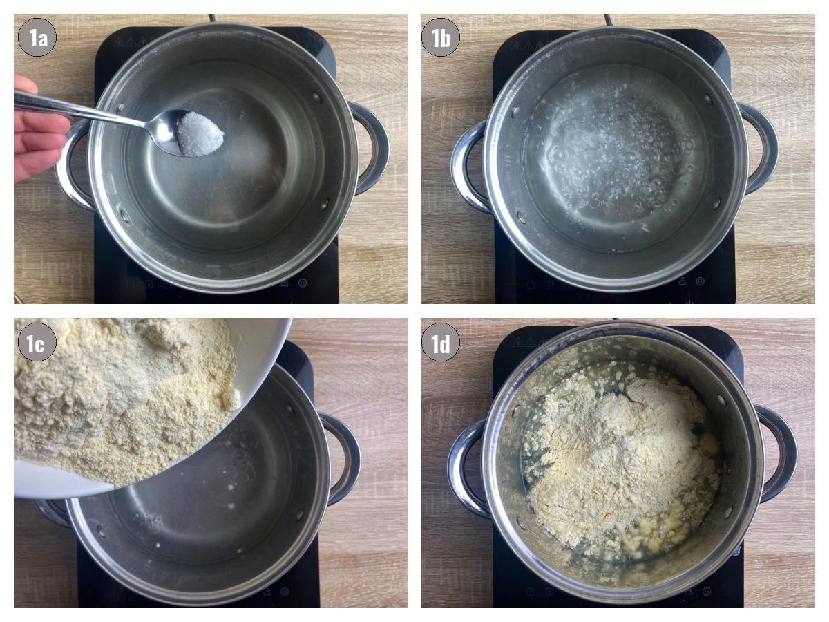 Four photographs, two by two, of a pot on a cooking plate: first photo of a spoon with salt being poured in, second photo of water boiling, third photo of corn flour being poured in, and fourth one with corn flour already poured into the pot. 