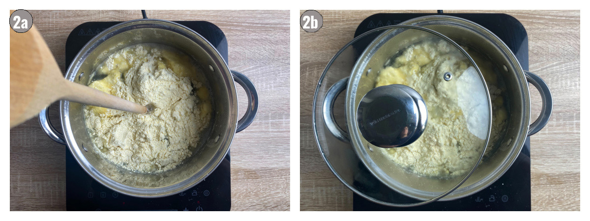 Two photographs, side by side of porridge being cooked: photo one with a wooden spoon, and second photo with lid over the top. 
