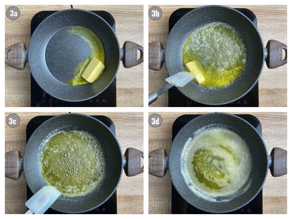 Four photos, two by two, of butter melted in a black pan on a cooking plate. 