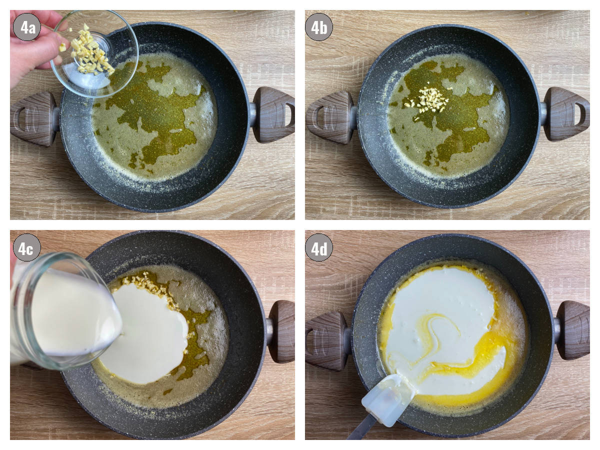 Four photographs, two by two, of black pan with caramelized butter, garlic, and yogurt in different steps. 