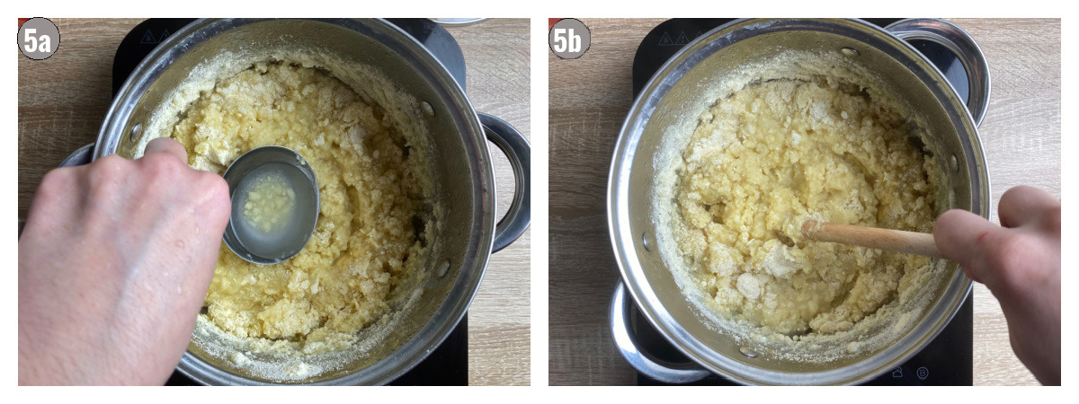 Two photographs side by side of cooking polenta in a pan. 