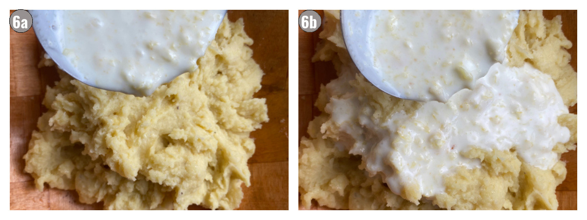 Two photos, side by side of white sauce poured over polenta.