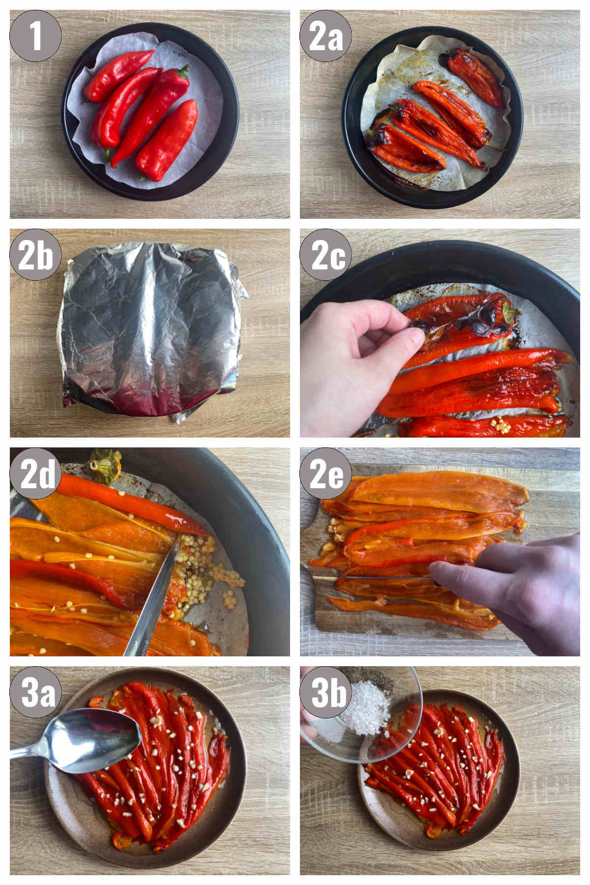 Eight photos, two by four, of preparation of red pepper salad (peppers roasted, peeled, cleaned, cut.