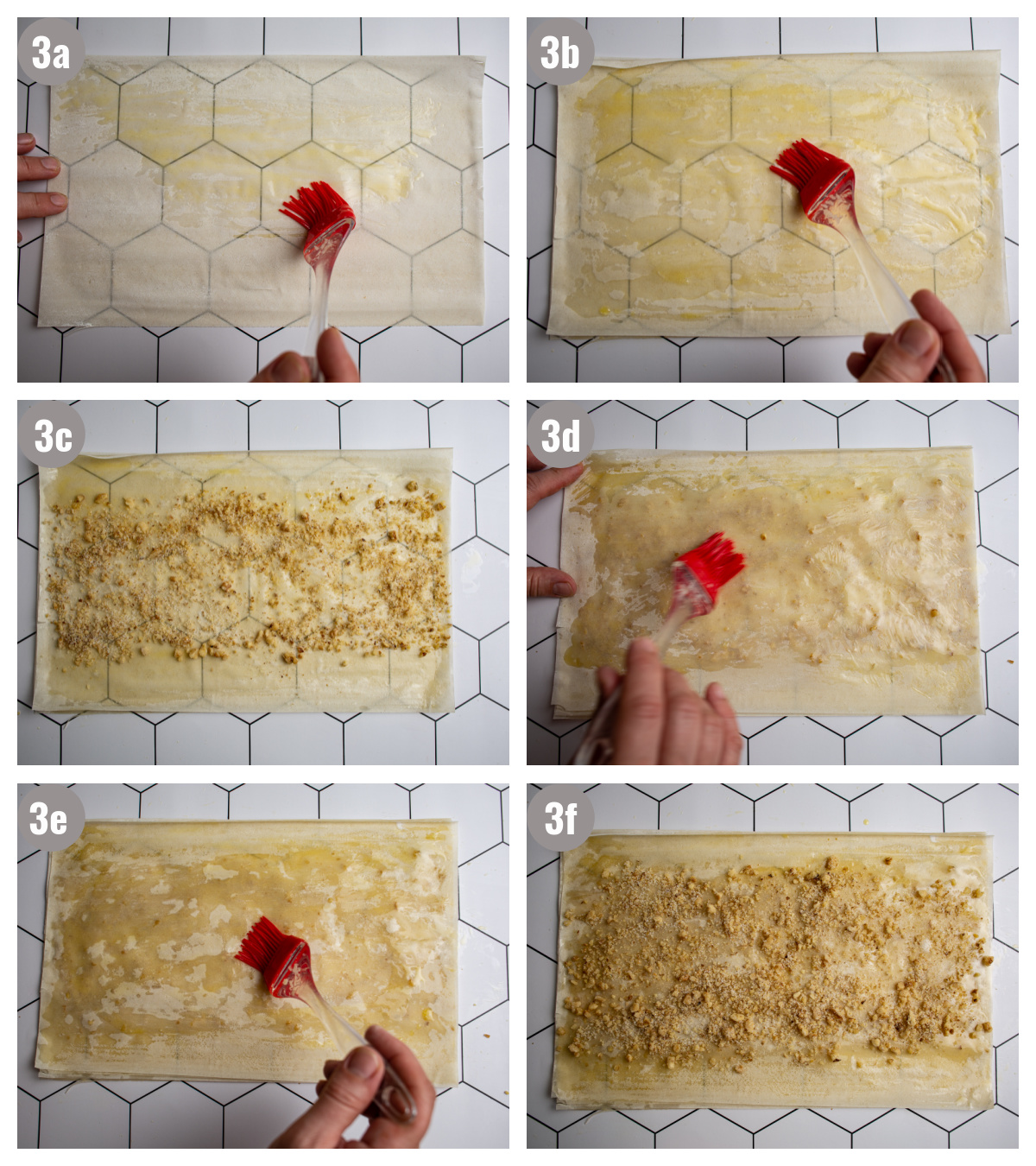 Six photos of phyllo, two per row.
