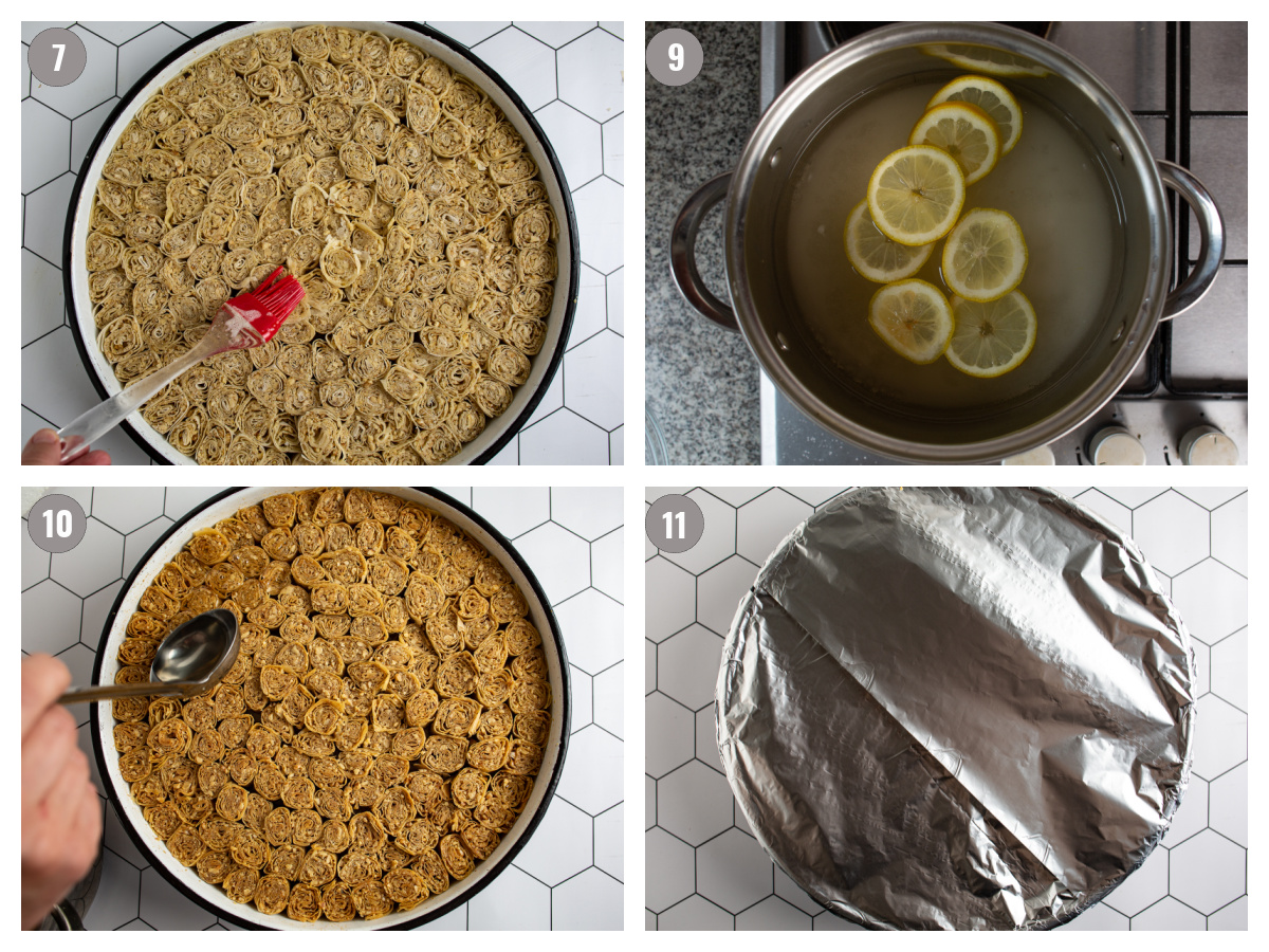 Four photos with preparation steps for roses dessert. 