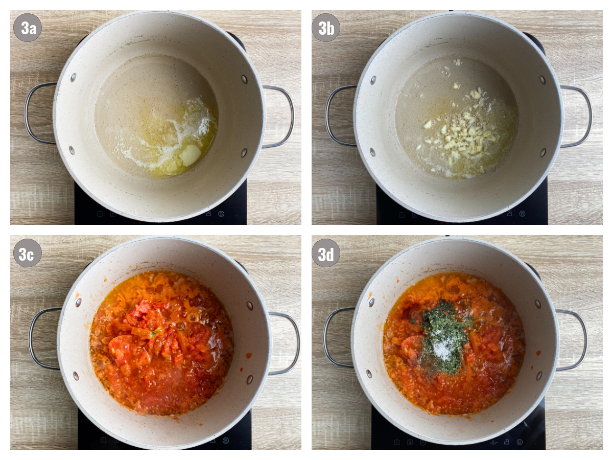 Four photographs of a pot, two with onions and two with tomatoes added. 