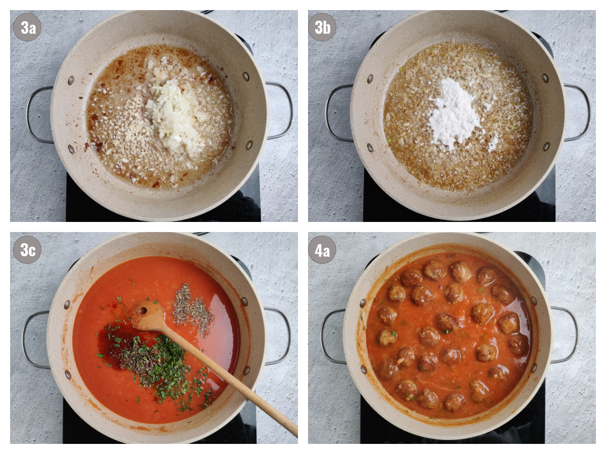 Four photos of pan with different ingredients on gray background.