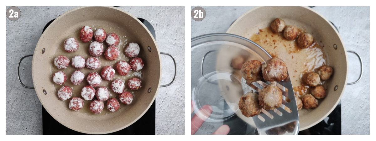 Two photos side by side of meatballs in pan.