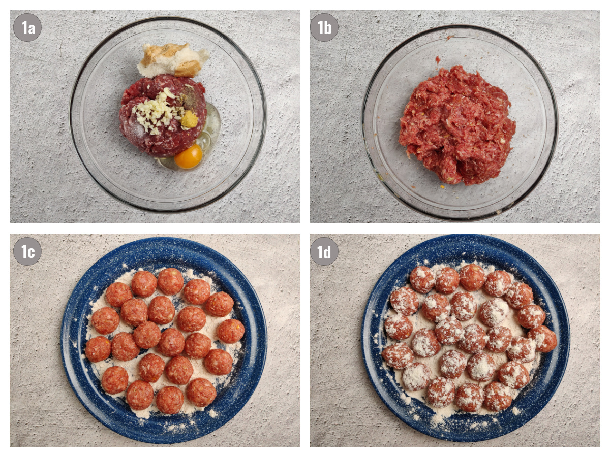 Four photos of meatball preparation, two in bowls, two on plates.