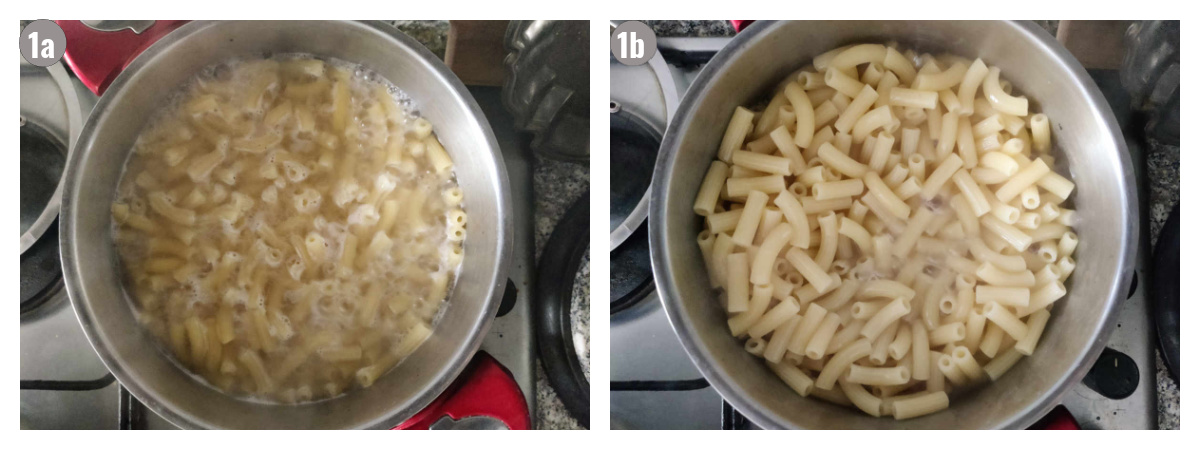 Two photos of pasta cooking, side by side. 