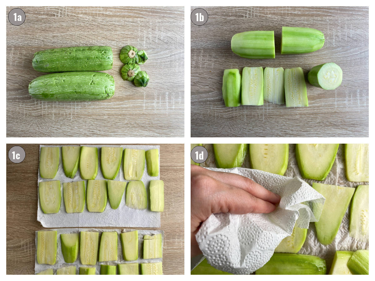 Four photographs, two by two, of zucchini being cut and then salted, and then pat dried. 