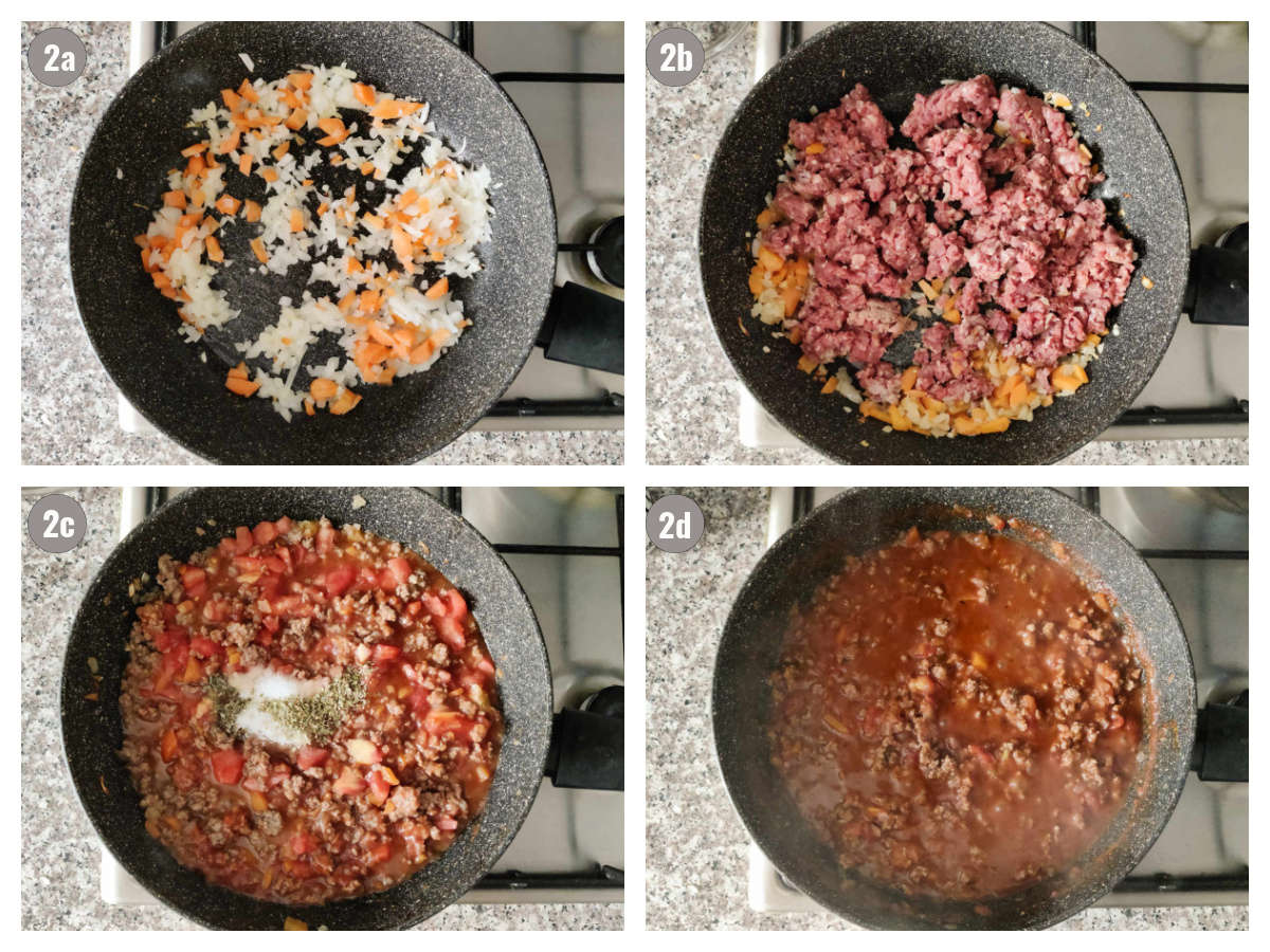 Four photos of bolognese sauce preparation in a pan. 