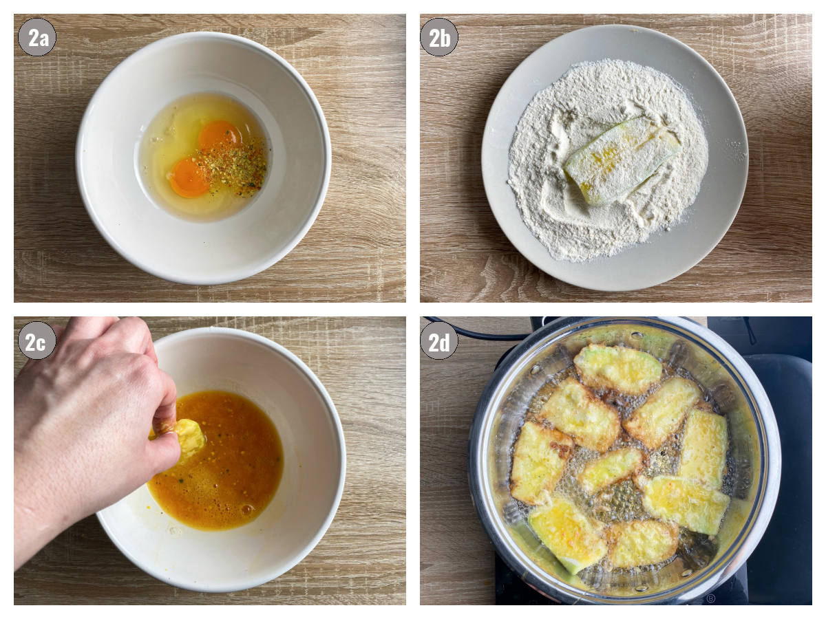 Four photographs, two by two, one of eggs in a white bowl, another of flour on a white plate, third of a hand dipping zucchini in the bowl, and fourth of zucchini bfried.