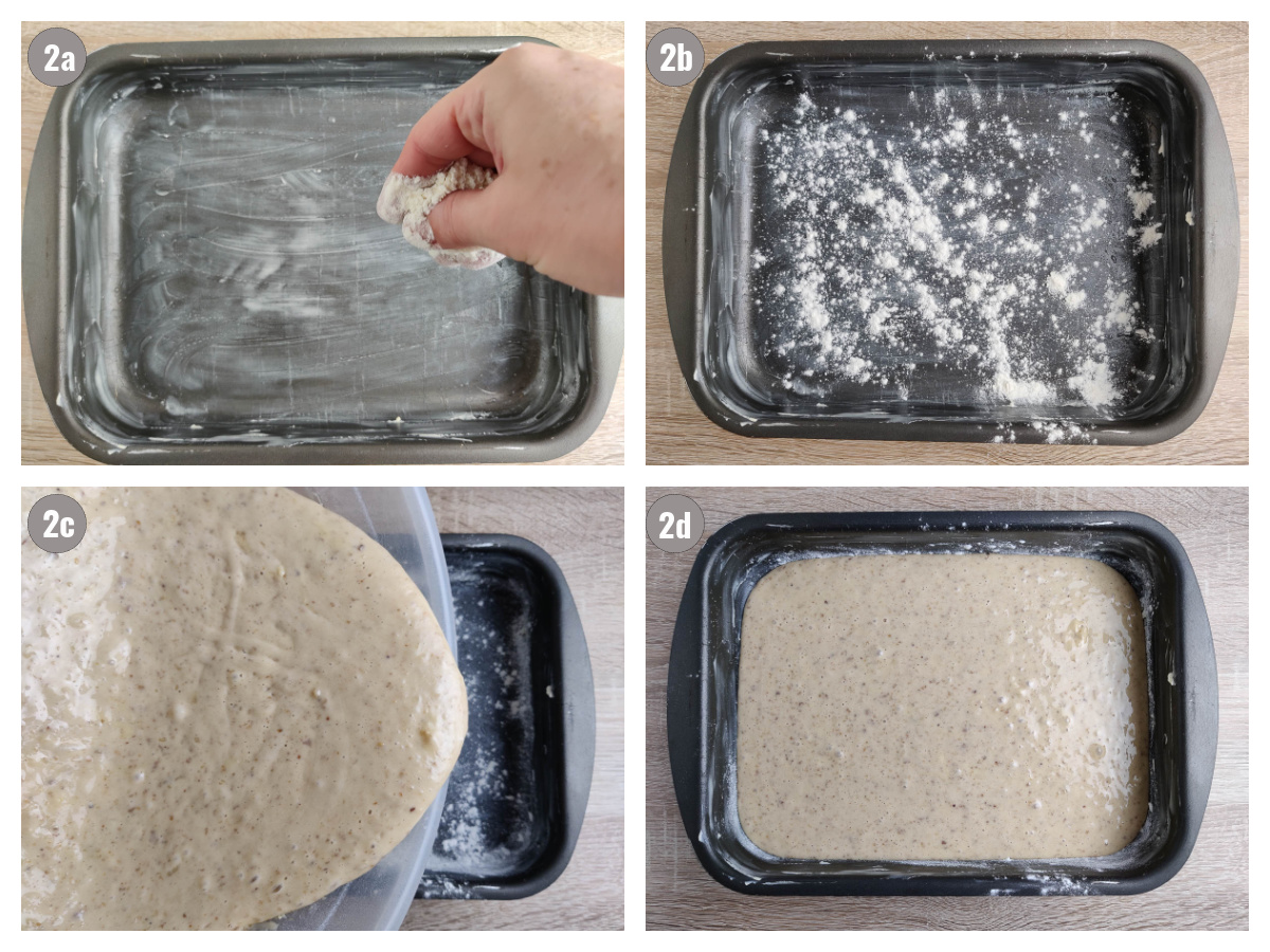 Four photos of baking pan with different steps for preparation.