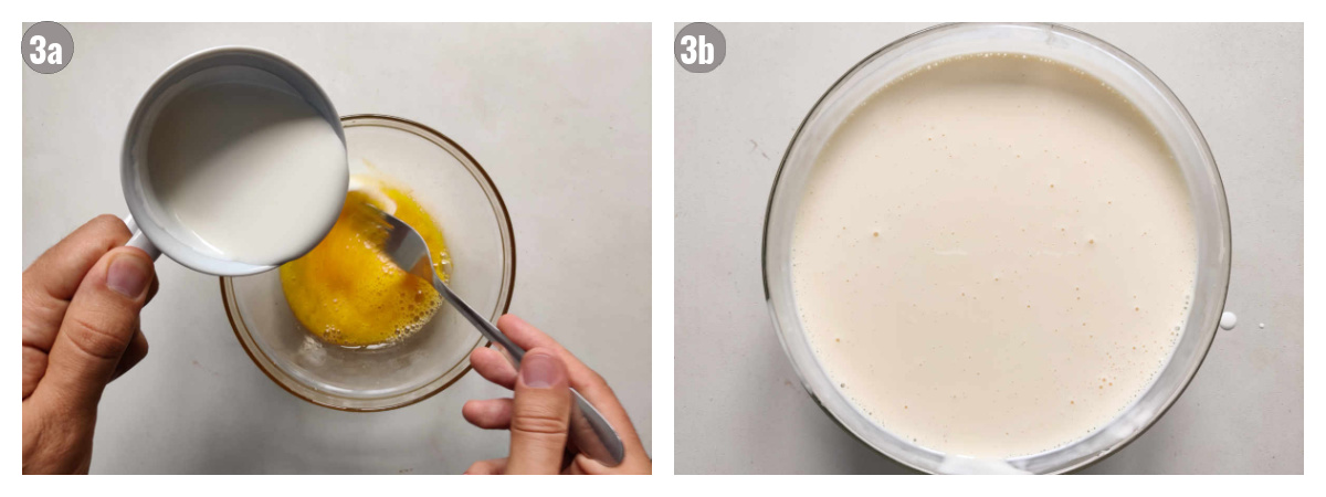 Two photos, left hands over bowl with eggs and heavy cream, second bechamel sauce in a bowl. 