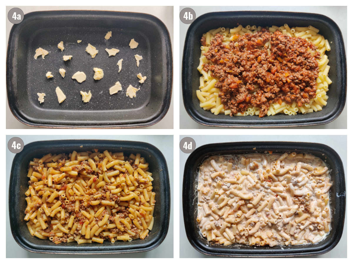 Four photos of pan with different ingredients in it. 