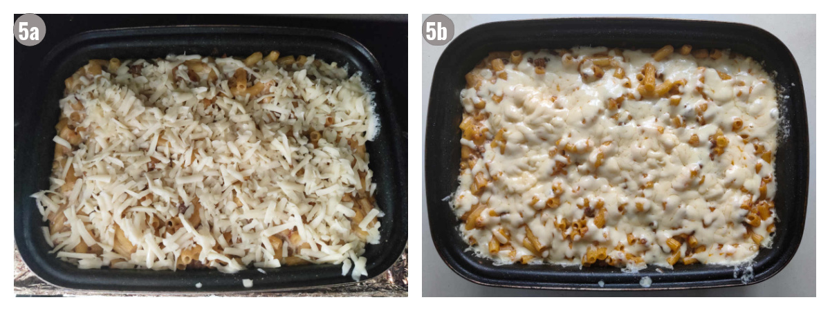 Two photos side by side of casserole in a black pan. 