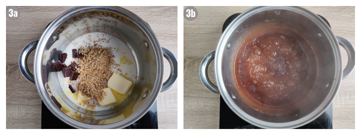 Two photographs of a pot with chocolate ganache ingredients. 