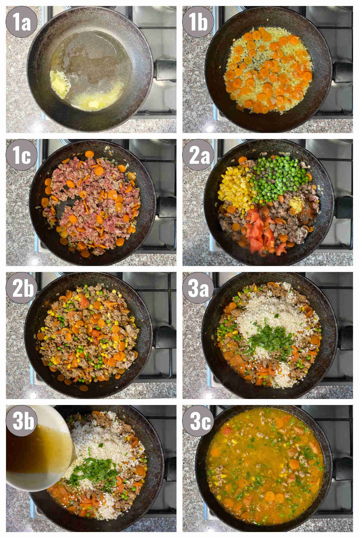 Eight photos, two by four,  of dish preparation, with different ingredients in each step in a black pan 