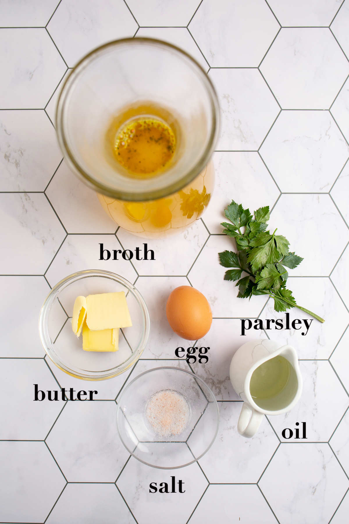 Overhead photograph of the table with six ingredients.