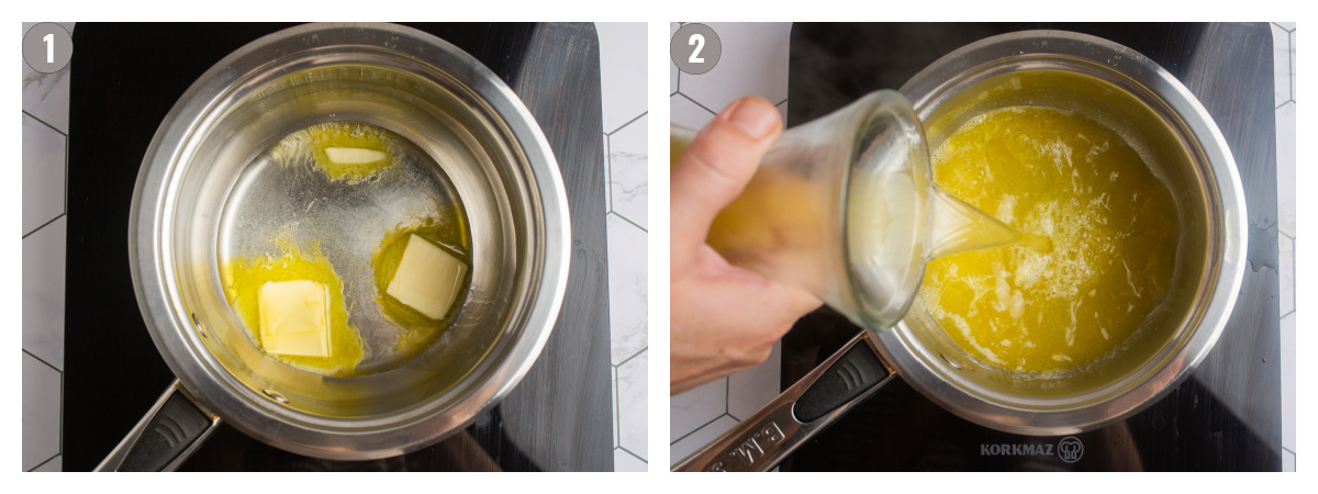 Two photos side by side depicting a pot with butter in it, and the same pot with broth added.
