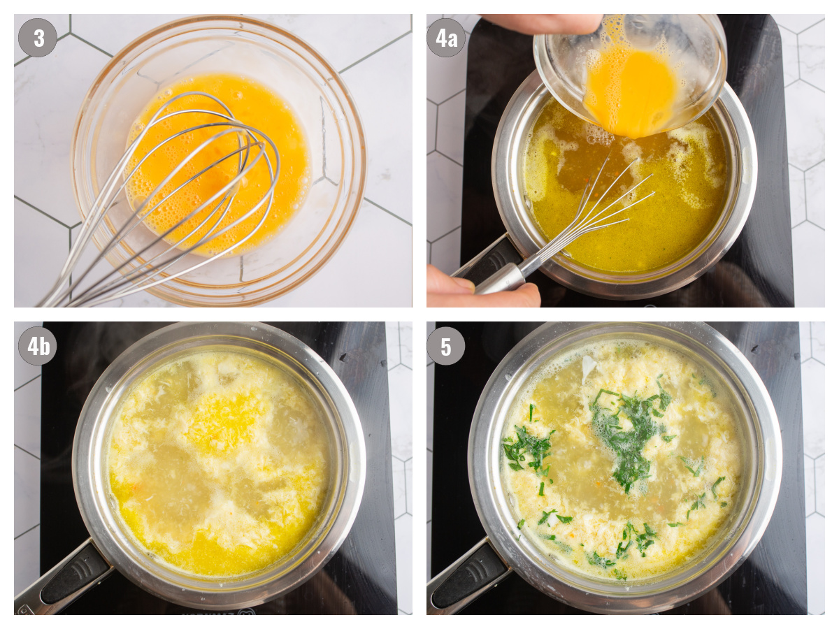 Four photographs depicting egg drop soup being whisked in the pot. 