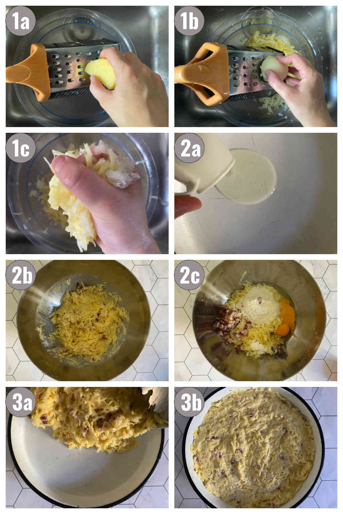 Eight photos, two by four, of the hands preparing ingredients and pouring them into a pan for baking.