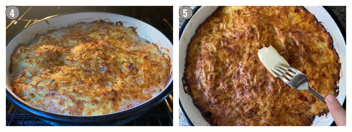 Two photos of the pan a pie baked on the first photo, and a hand smearing butter over the pie on a fork on the second photo.