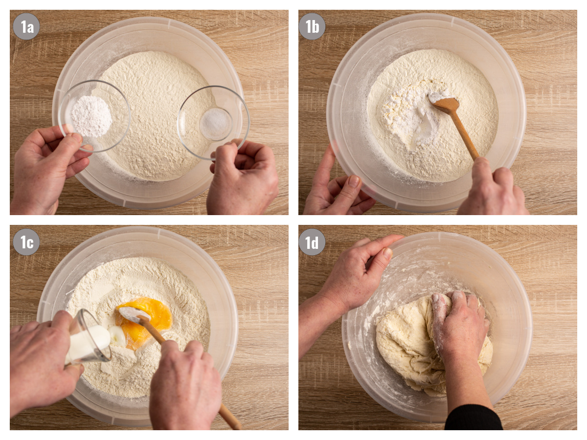 Four photos with a big bowl and different ingredients. 