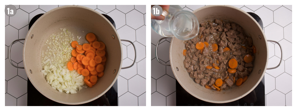 Two photographs side by side of a pan with veggies and meat in it and a hand pouring water from a jug.  