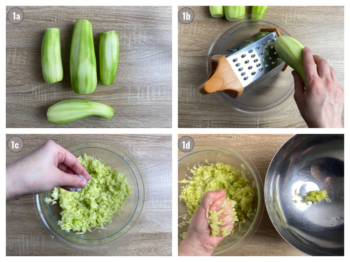 Four photographs, two by two, of zucchinis: peeled, grated, squeezed. 