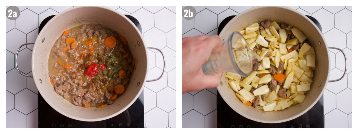 Two photographs side by side in a pan with ingredients: meat, carrots, flat beans, water. 