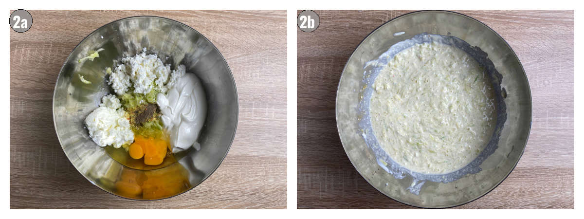 Two photos, side by side, of the filling: one with egg, cheeses and seasonings separately, and another one with all of it mixed in together.