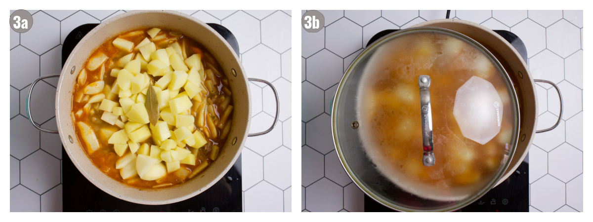 Two photographs side by side of a pan cooking Romano beans, one pan is covered with a lid. 