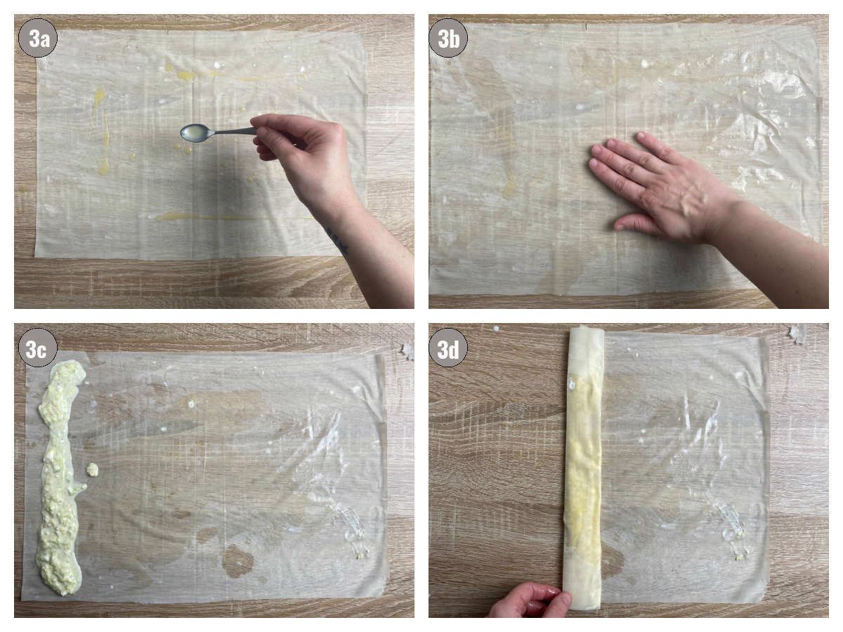 Four photographs, two by two, of phyllo dough being painted with oil, stuffed and rolled in for zucchini pie. 