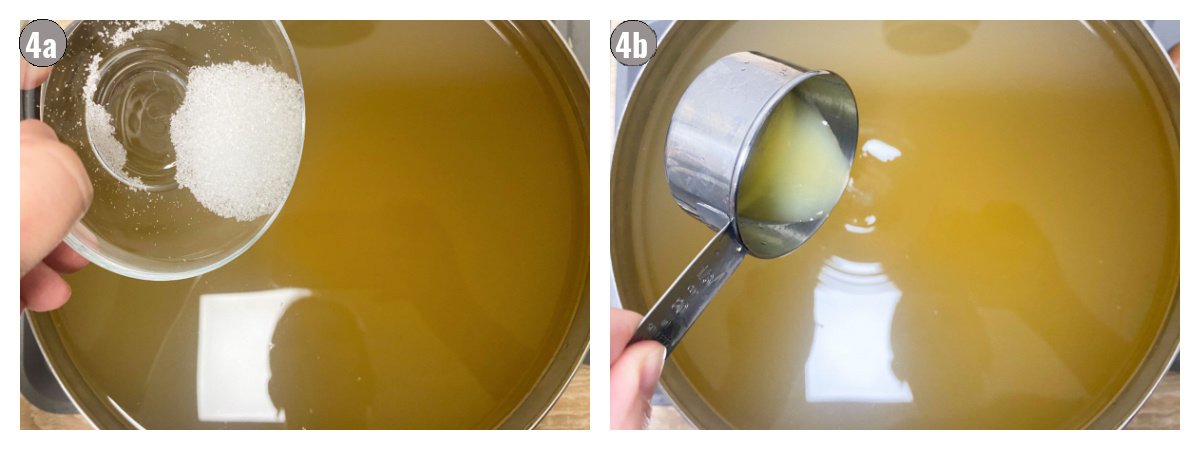 Two photos of elderflower cordial in a bowl and sugar and citric acid are added in. 