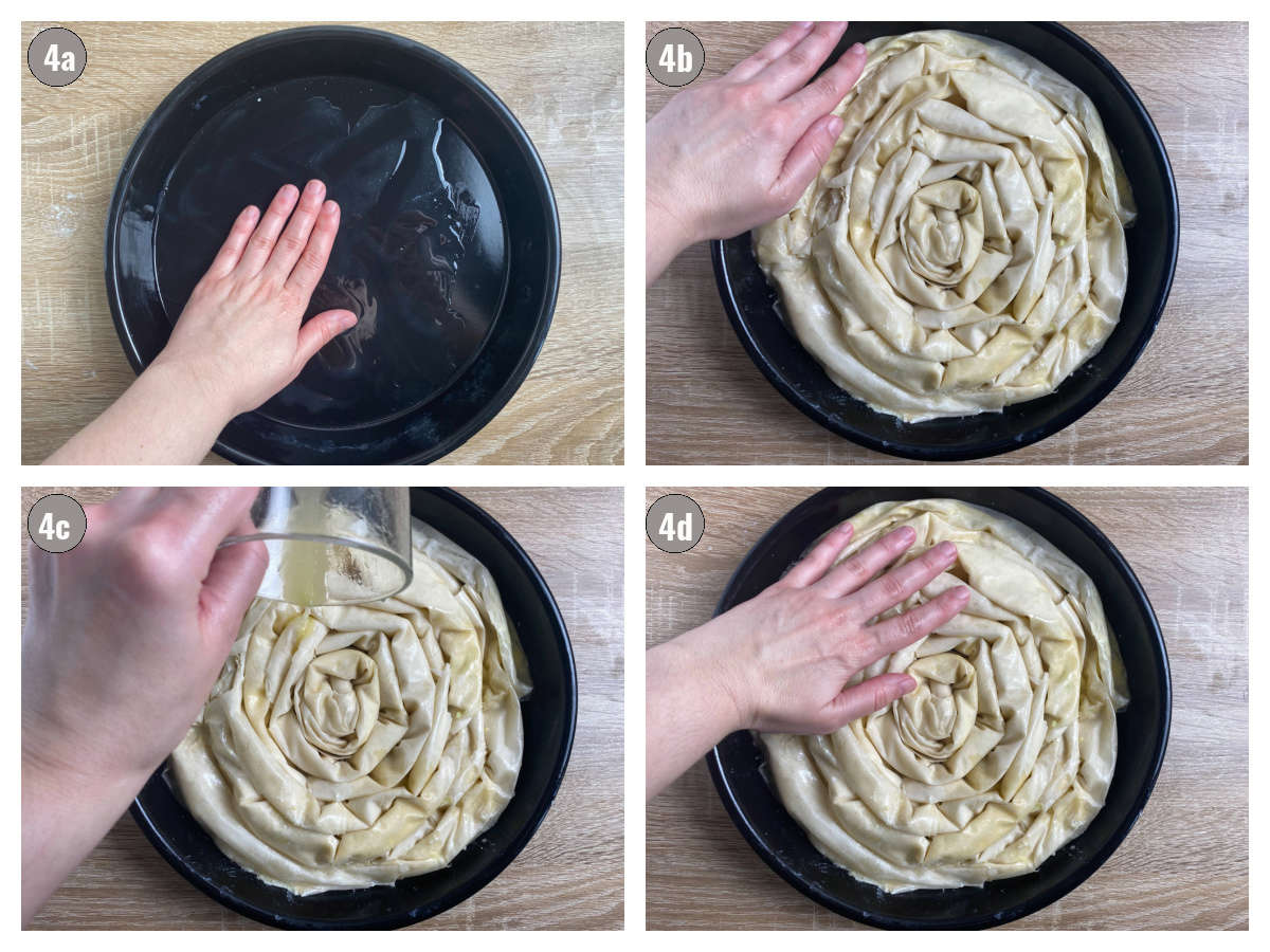 Four photographs, two by two, of a round pan with oil and a hand that places dough inside and dabs oil.