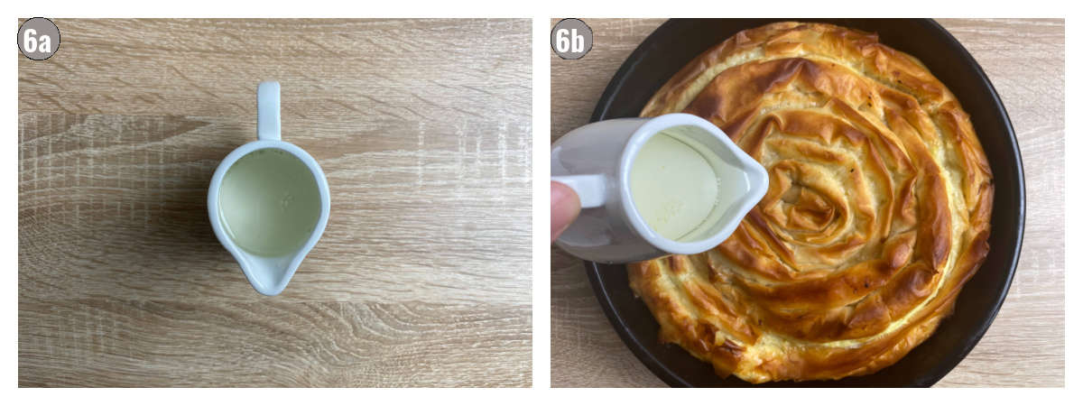 Two photographs, side by side, one of a small pitcher with milk, another of pitcher of milk poured over the pie in round black pan.