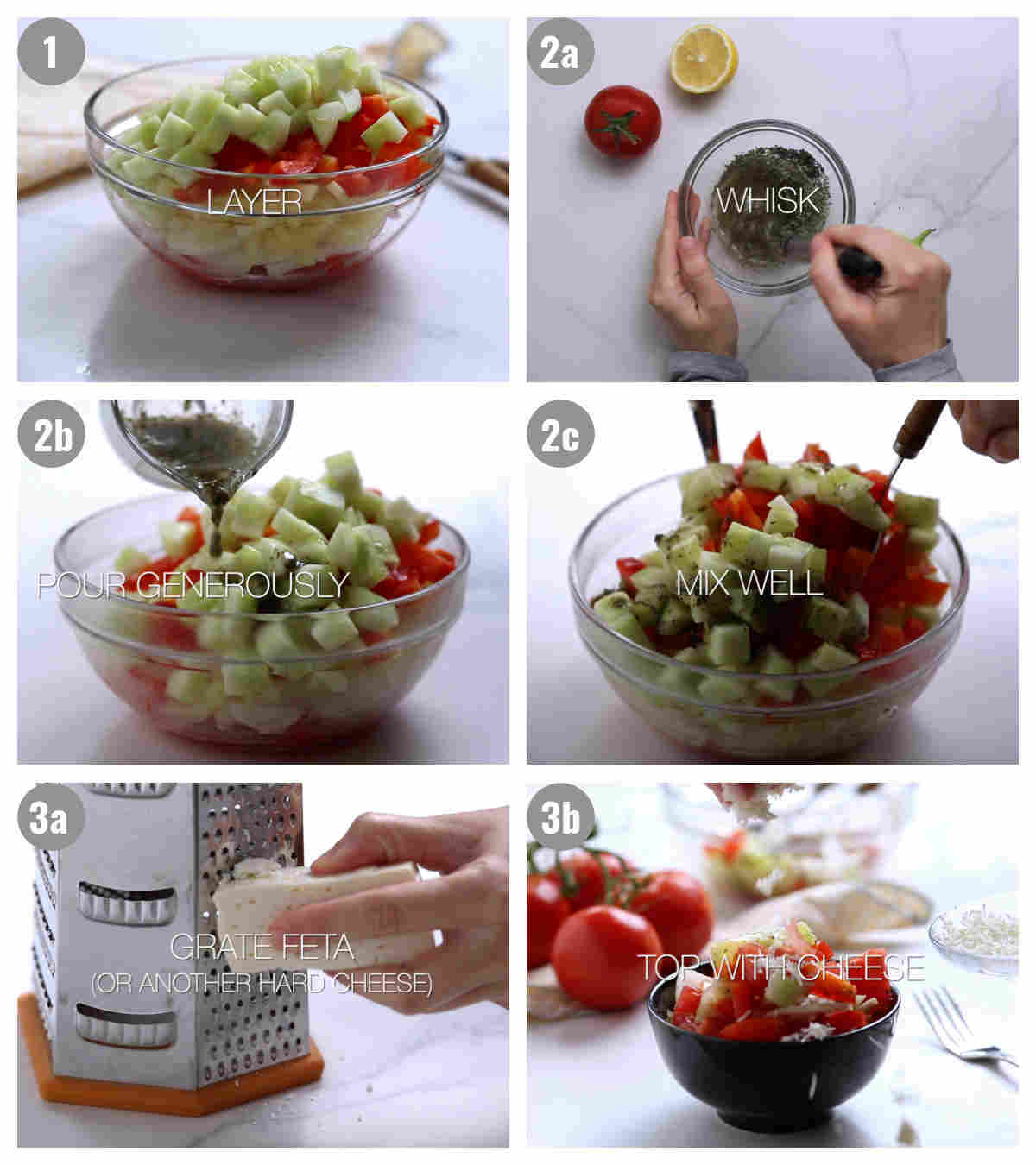Six photographs of salad prepration.