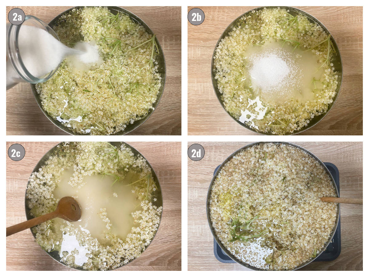 Four photographs of preparation steps for elderflower cordial, a bowl with elderflowers, sugar and citric acid. 