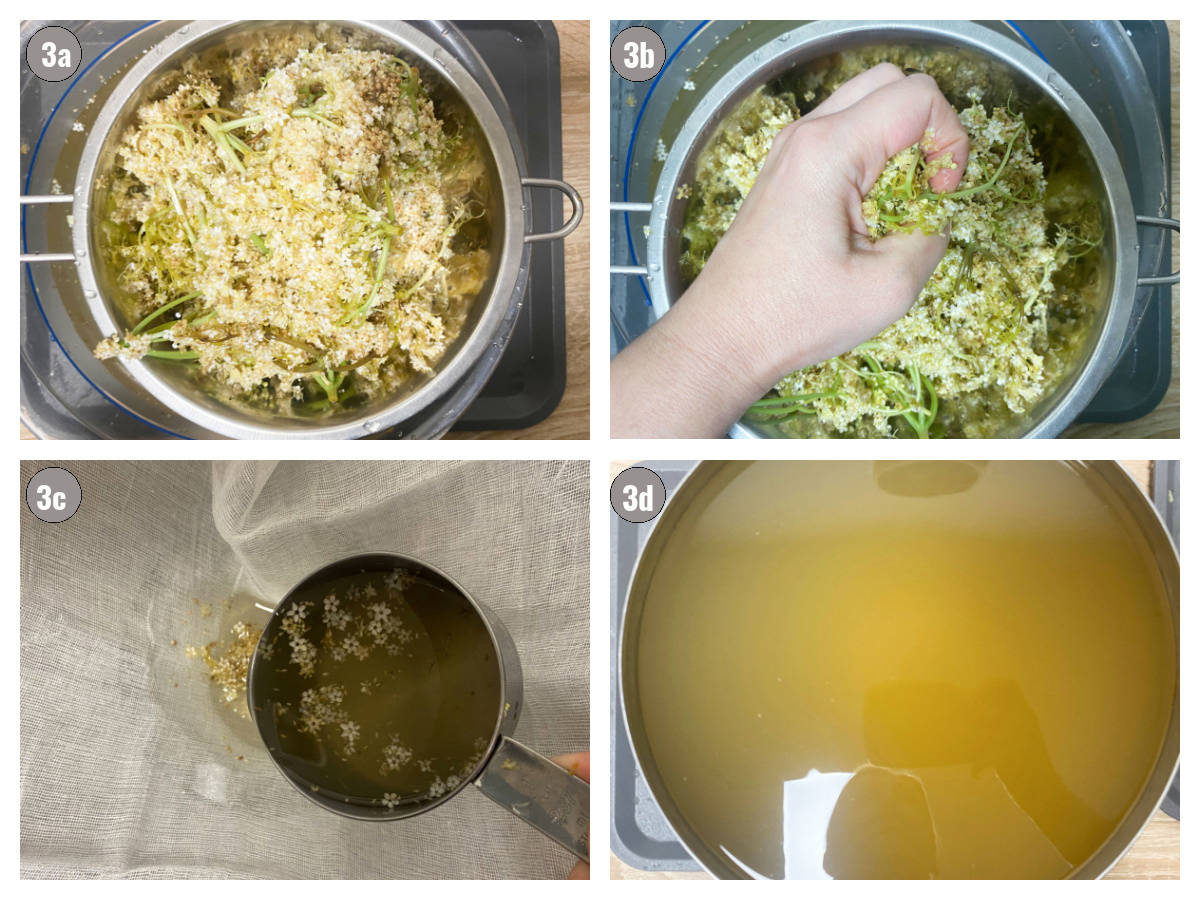 Four photos in one depicting how to make elderflower cordial. 