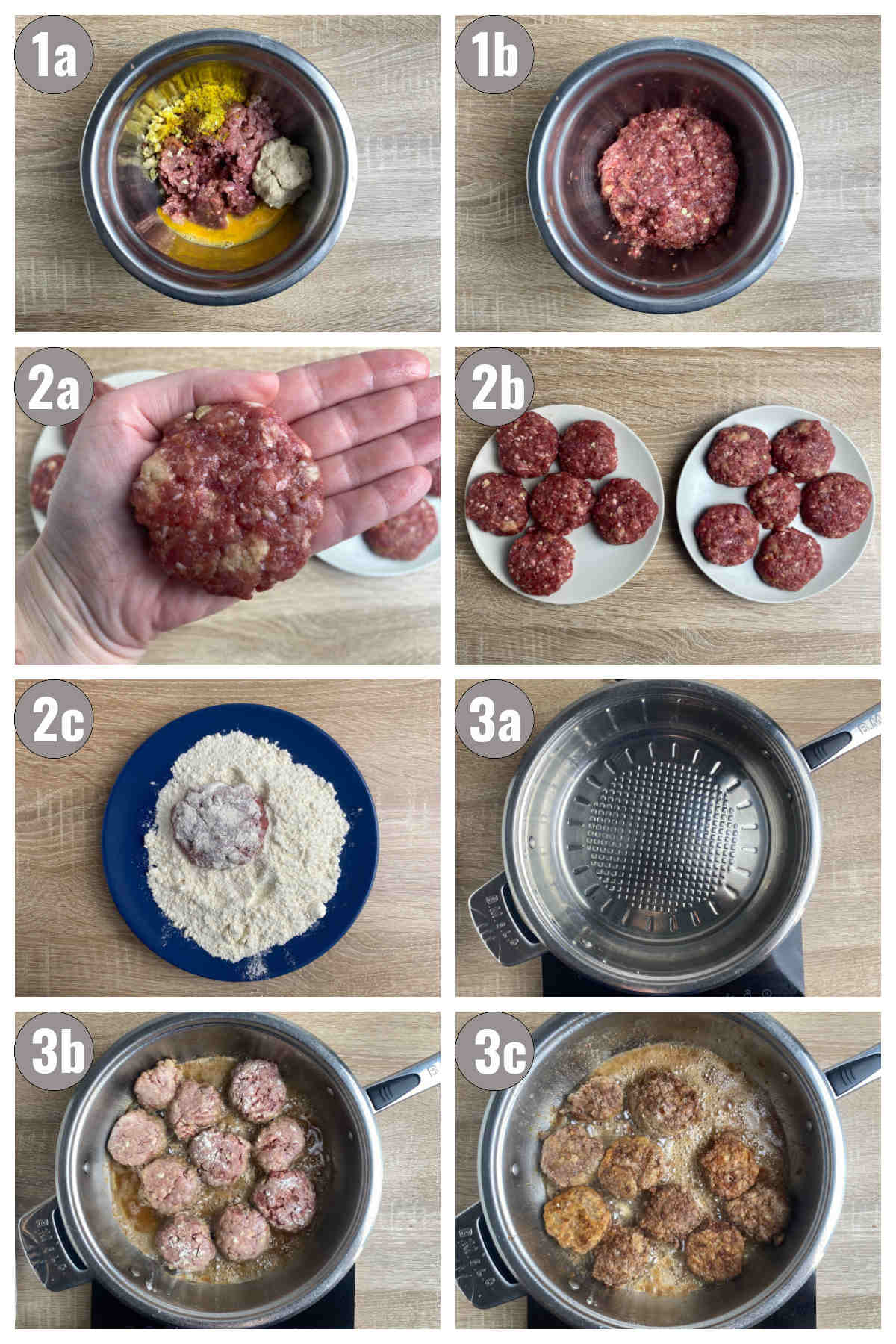 Eight photos, side by side, of rissoles being made, shaped and fried.