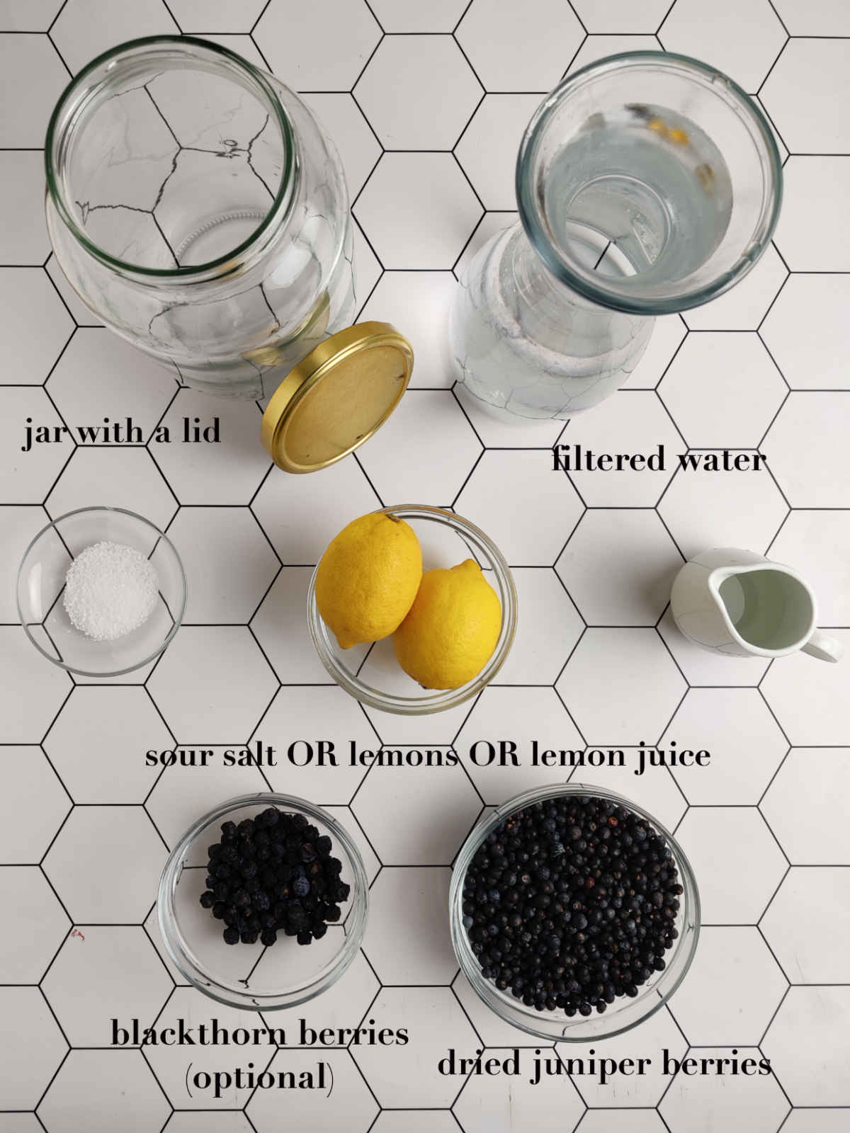 Ingredients for juniper berry juice on a honeycomb background.