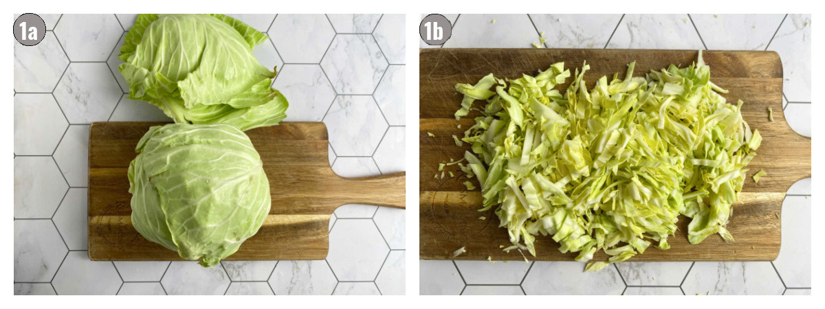 Two photographs, side by side, of cabbage on a wooden cutting board. One whole, one shredded.