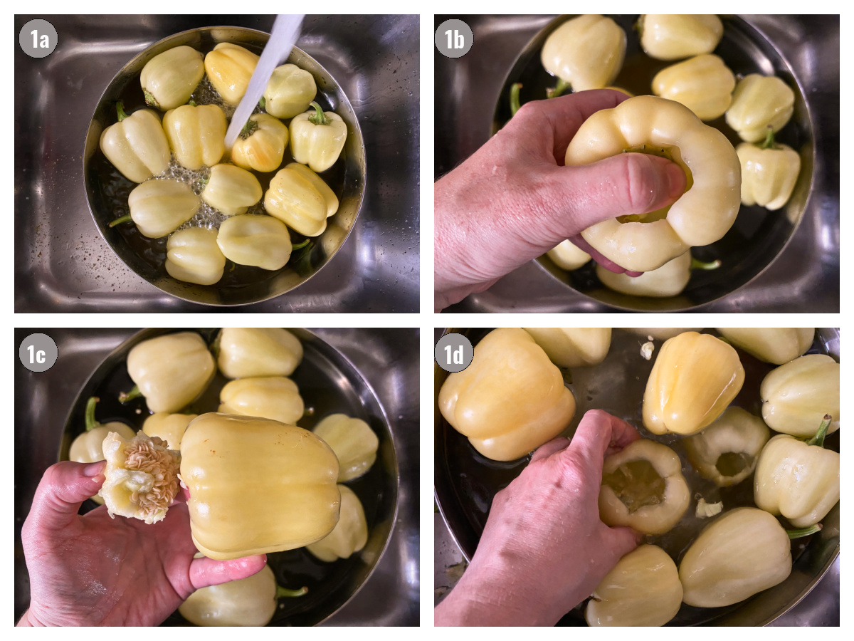 Four images of peppers being washed under water.