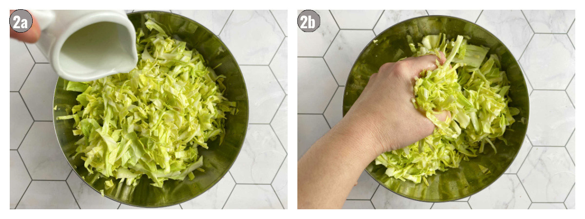 Two photographs, side by side, of a cabbage salad in a metal bowl.