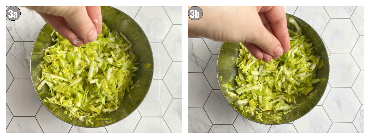 Two photographs, side by side, of a cabbage salad in a metal bowl. 