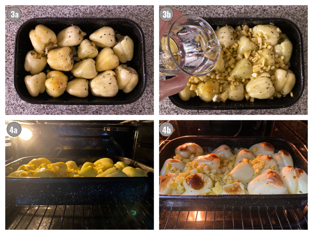 Four photographs of peppers prepped for baking and baked. 