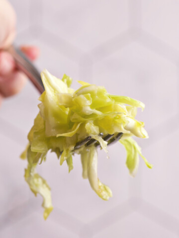 A hand holding a forkful of cabbage salad.