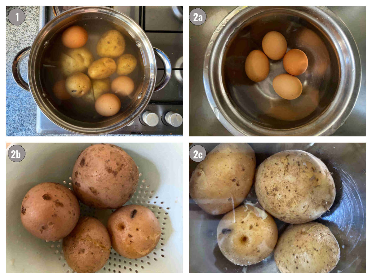 Four photos side by side of eggs and potatoes being cooked and drained